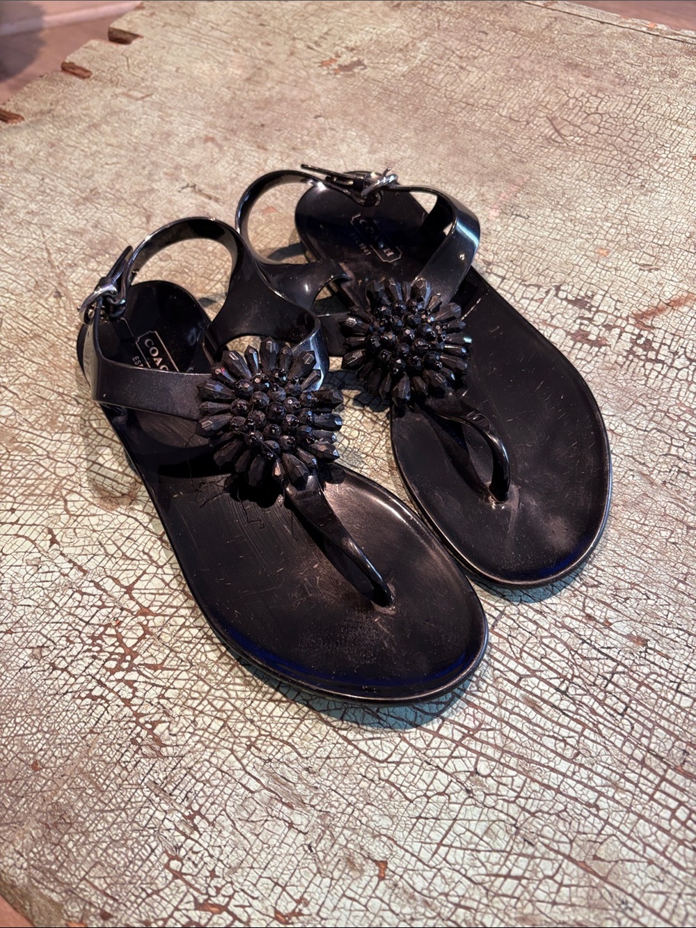 Coach Hilda Jelly Thong Sandals Black Floral Gemmed Size 7B - Picture 2 of 6